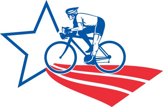 illustration of a Cyclist riding racing bike set inside oval viewed from side done in with star and stripes