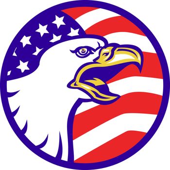 illustration of an American Bald eagle screaming with United States stars and stripe flag set inside circle