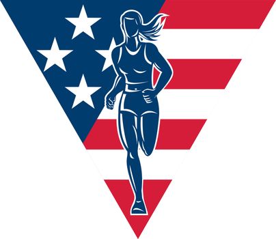 illustration of a illustration of a female Marathon road runner jogger fitness training road running with American flag stars and stripes in background inside triangle