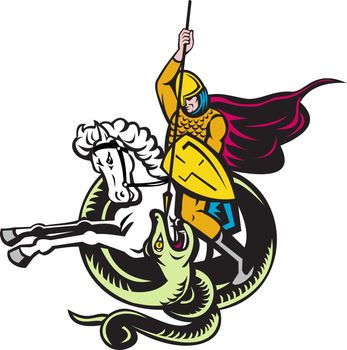 illustration of a knight riding horse with shield and spear fighting snake dragon done in retro style on isolated white background
