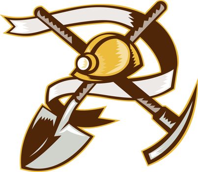illustration of a coal miner hardhat spade shovel and pickax with scroll in background on isolated white background done in retro woodcut style