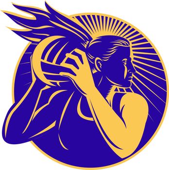 illustration of a netball player holding passing ball viewed from front done in retro  woodcut set inside circle
