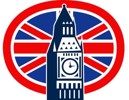 illustration of a an icon with Great Britain  British Union Jack flag and Big Ben Clock Bell Tower