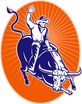 illustration of a rodeo cowboy riding bucking Texas longhorn bull done in retro woodcut style set inside oval with sunburst in background.