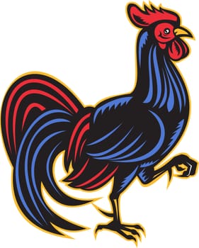illustration of a rooster cockerel marching viewed from side done in retro woodcut style on isolated white background.