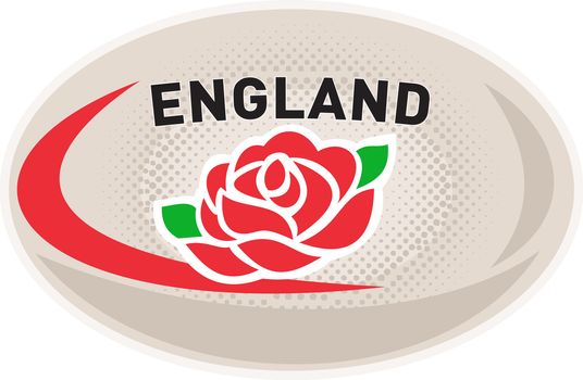 illustration of a rugby ball with English rose flower and words England on isolated white background