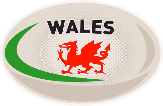 illustration of a rugby ball with Welsh dragon and words Wales on isolated white background