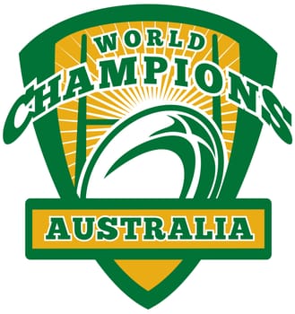 illustration of a rugby ball and goal post inside shield with words Australia world champions on isolated white background