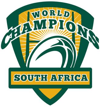 illustration of a rugby ball and goal post inside shield with words South Africa world champions on isolated white background
