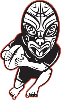 cartoon illustration of a Rugby player running wearing Maori mask wearing black on isolated white background