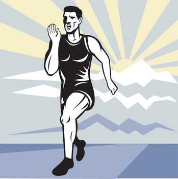 illustration of a illustration of a Marathon road runner jogger fitness training viewed from front set inside square with mountain and sunburst in background done in retro style.