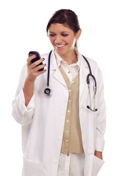 Pretty Ethnic Female Doctor or Nurse Reacting to Cell Phone Message Isolated on a White Background.