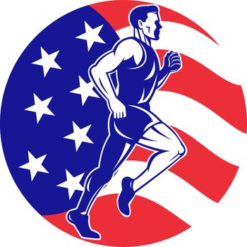 illustration of a illustration of a male Marathon road runner jogger fitness training road running with American flag stars and stripes in background inside circle