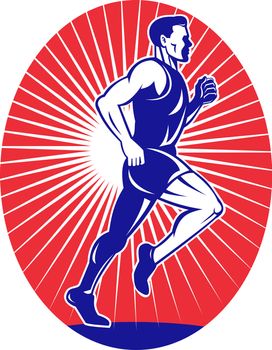 illustration of a illustration of a Marathon road runner jogger fitness training viewed from side set inside oval with sunburst in background