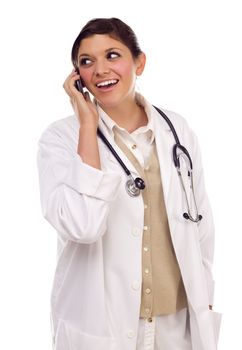 Pretty Smiling Ethnic Female Doctor or Nurse Using Cell Phone Isolated on a White Background.