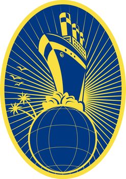 illustration of a Passenger ship boat Ocean liner cruising over globe set inside ellipse.