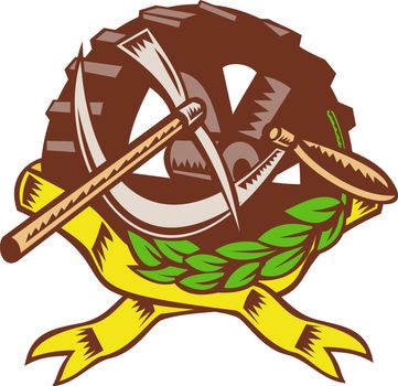 illustration of a pick ax with sickle cog gear in olive leaf ribbon in background.