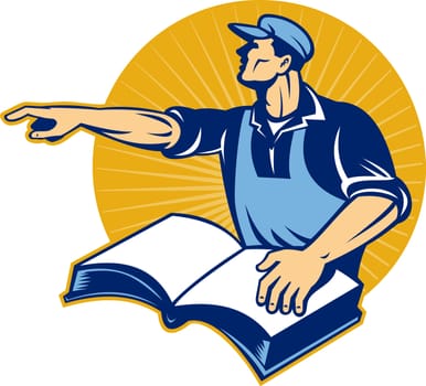 illustration of a worker tradesman man reading a book pointing to side done in retro woodcut style.