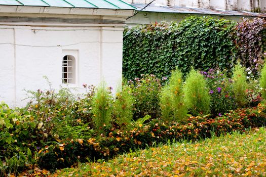 A white house and ggeen bushes in a park
