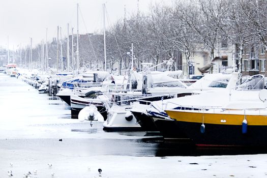 Snow in the city - yachts in winter harbor - it is snowing