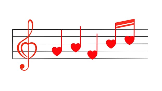 Red treble clef with notes stylized for Valentines isolated on white