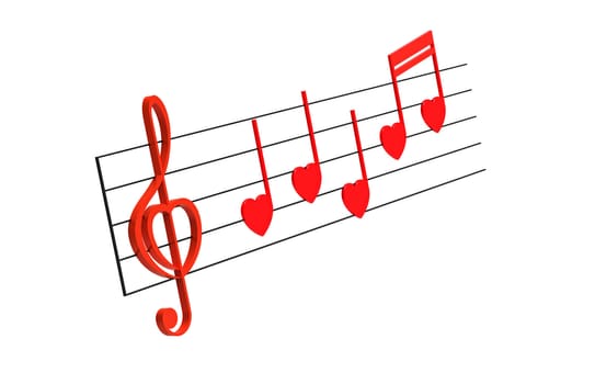 Red treble clef with notes stylized for Valentines isolated on white