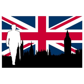 British symbols including Big Ben, Union Jack UK flag, British man