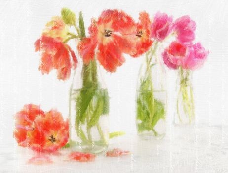 Digitally rendered watercolor of spring  tulips in bottles