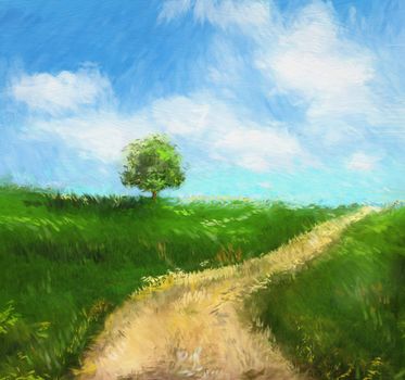Digitally rendered painting of an idyllic  country road
