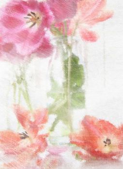 Digitally rendered painting of spring tulips in old milk bottles