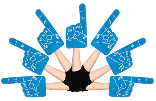Large foam hands point in many directions, isolated against a white background.