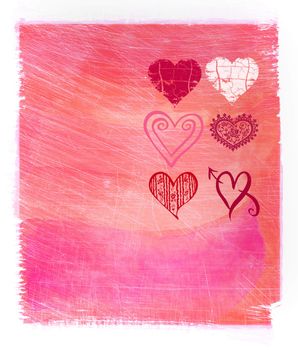 Abstract pink watercolor background with hearts