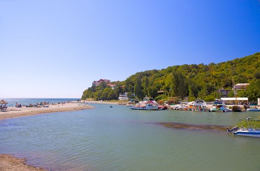 View of  bay of  Black Sea, beach and boat station, Russia.
