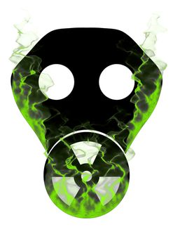 Illustration of a gas mask with the toxic symbol displayed on the filter and covered in green smoke