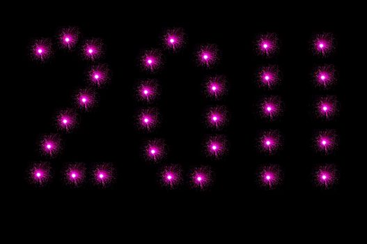 Many small pink illuminated fibre optic lamps arranged over white to spell the number 2011