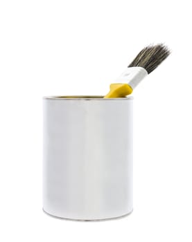 Paint can with a yellow brush isolated on white background