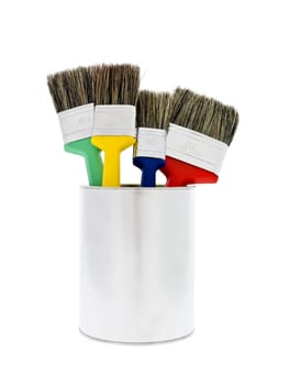 Paint can with colored brushes isolated on white background