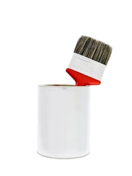 Paint can with a red brush isolated on white background
