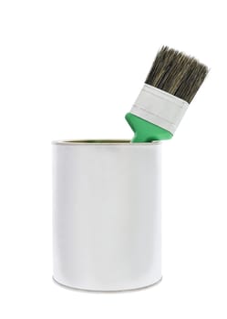 Paint can with a green brush isolated on white background