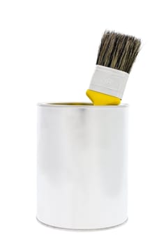 Paint can with a yellow brush isolated on white background