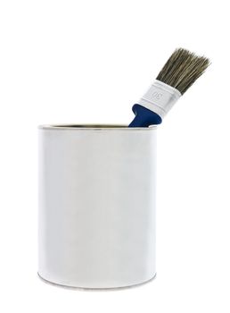 Paint can with a blue brush isolated on white background