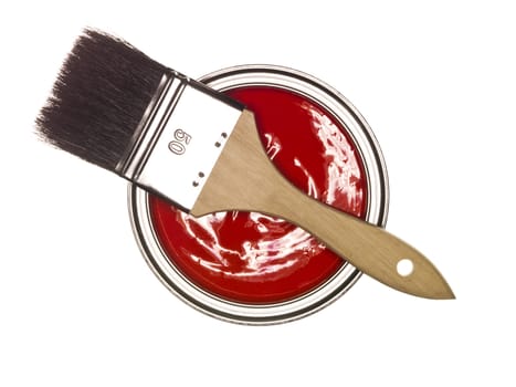 Red Paintcan and brush from above isolated on white background