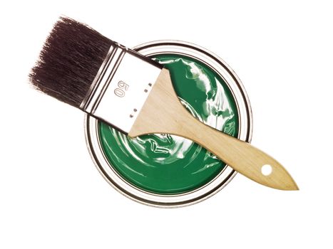  Green Paint can with brush from above isolated on white background