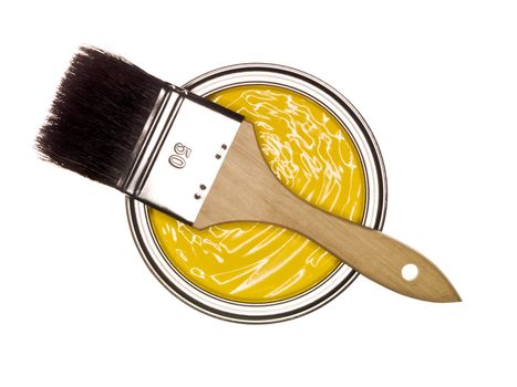  Yellow Paint can with brush from above isolated on white background