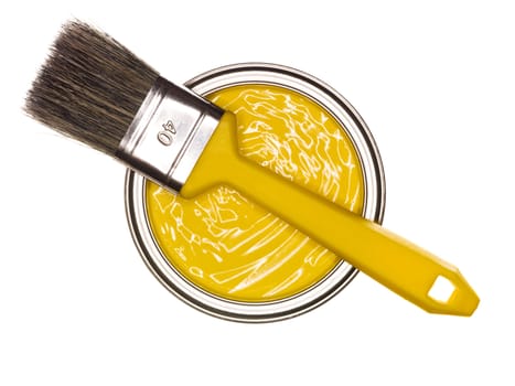  Yellow Paint can with brush from above isolated on white background