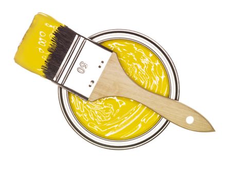  Yellow Paint can with brush from above isolated on white background