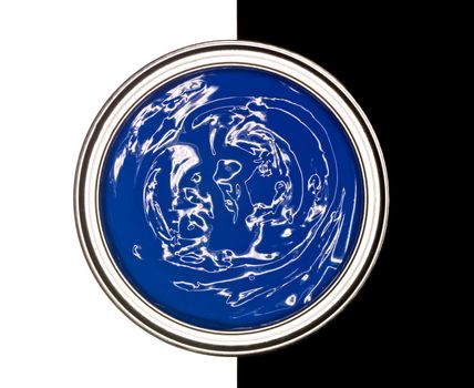 Blue Paint can on black and white background