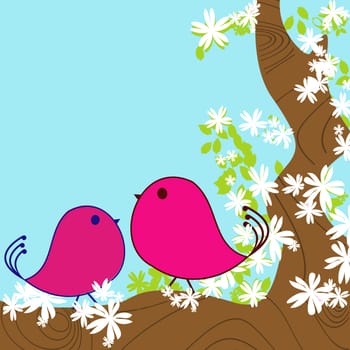 Two doodle birds in a blossom tree, spring background card