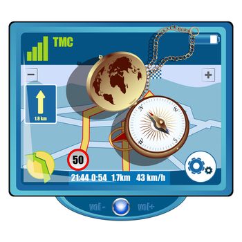 A golden compass over a moder GPS display