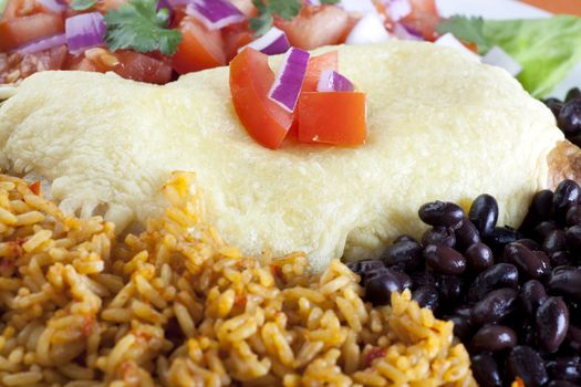 Burrito plate with a side of black beans rice and a fresh salad.